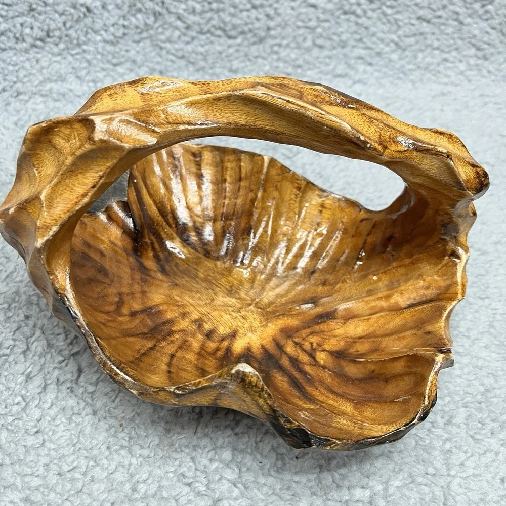 Hand Carved Burl Wood Basket Rustic Folk Art with Handle‎